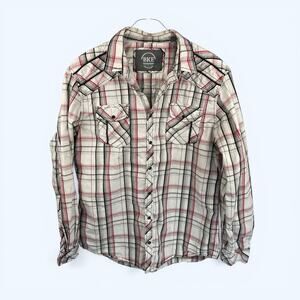 BKE Buckle Long Sleeve Pearl Snap Men's Red Black Plaid Western Shirt Large